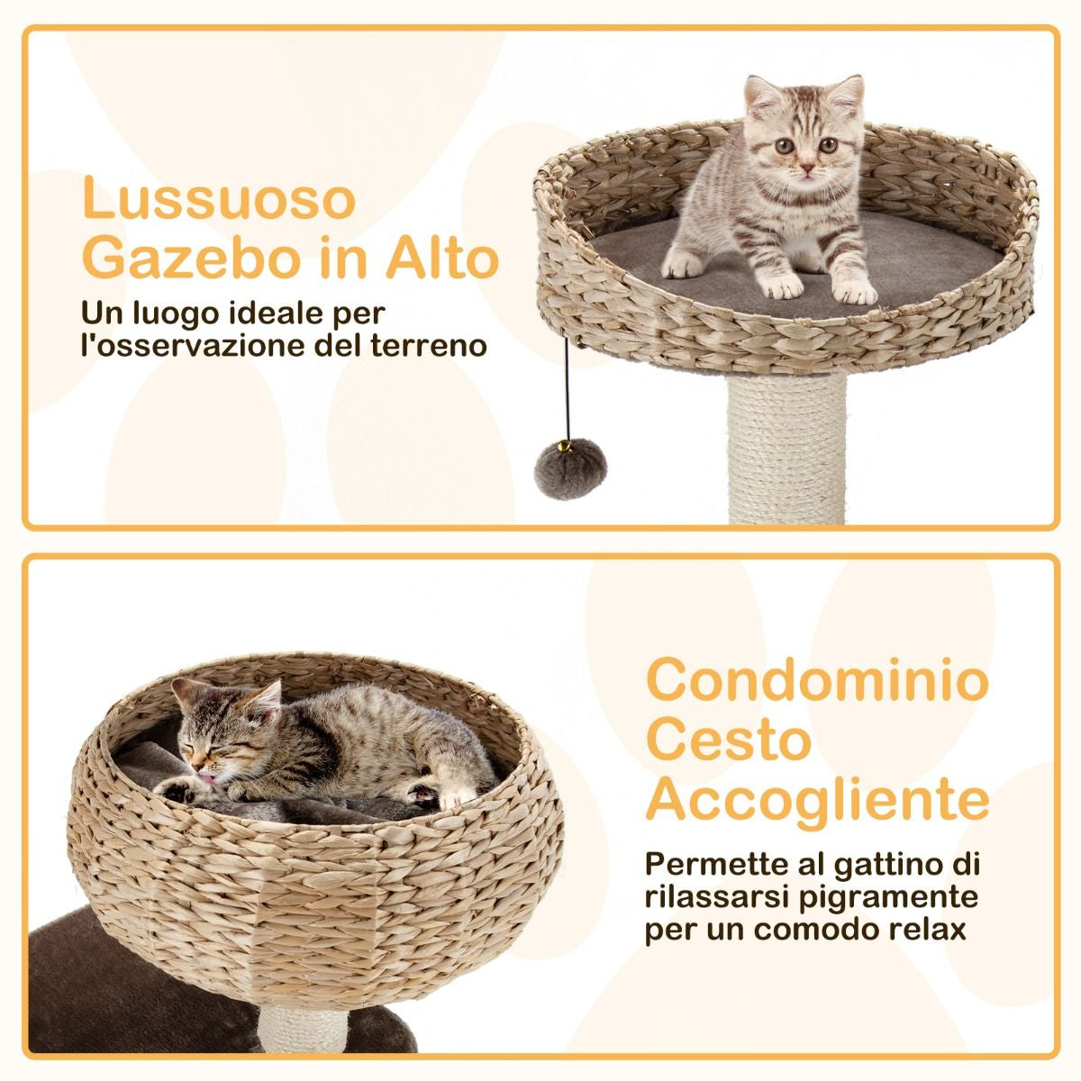 Albero per Gatti Da Interno Con Trespoli in Sisal Naturale, Lettini a Forma Di Cesto Con Pallina Appesa 2 Colori