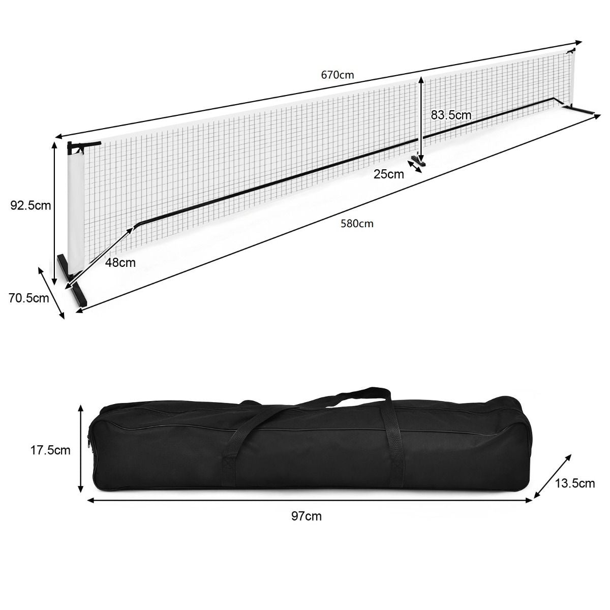 Rete Pickleball Portatile Da 670Cm, Set Rete Da Pickleball Con Tubolari Metallici Rete in Poliestere E Borsa