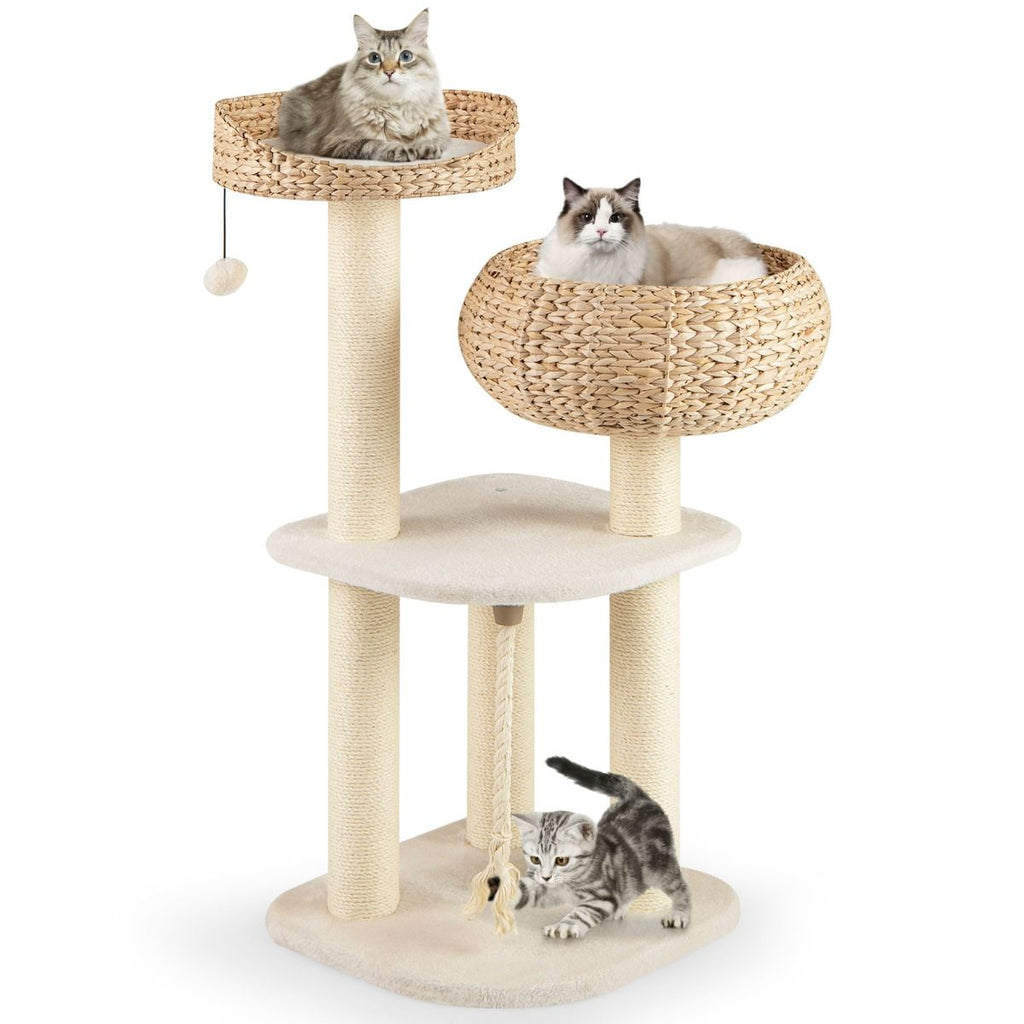 Albero per Gatti Da Interno Con Trespoli in Sisal Naturale, Lettini a Forma Di Cesto Con Pallina Appesa 2 Colori