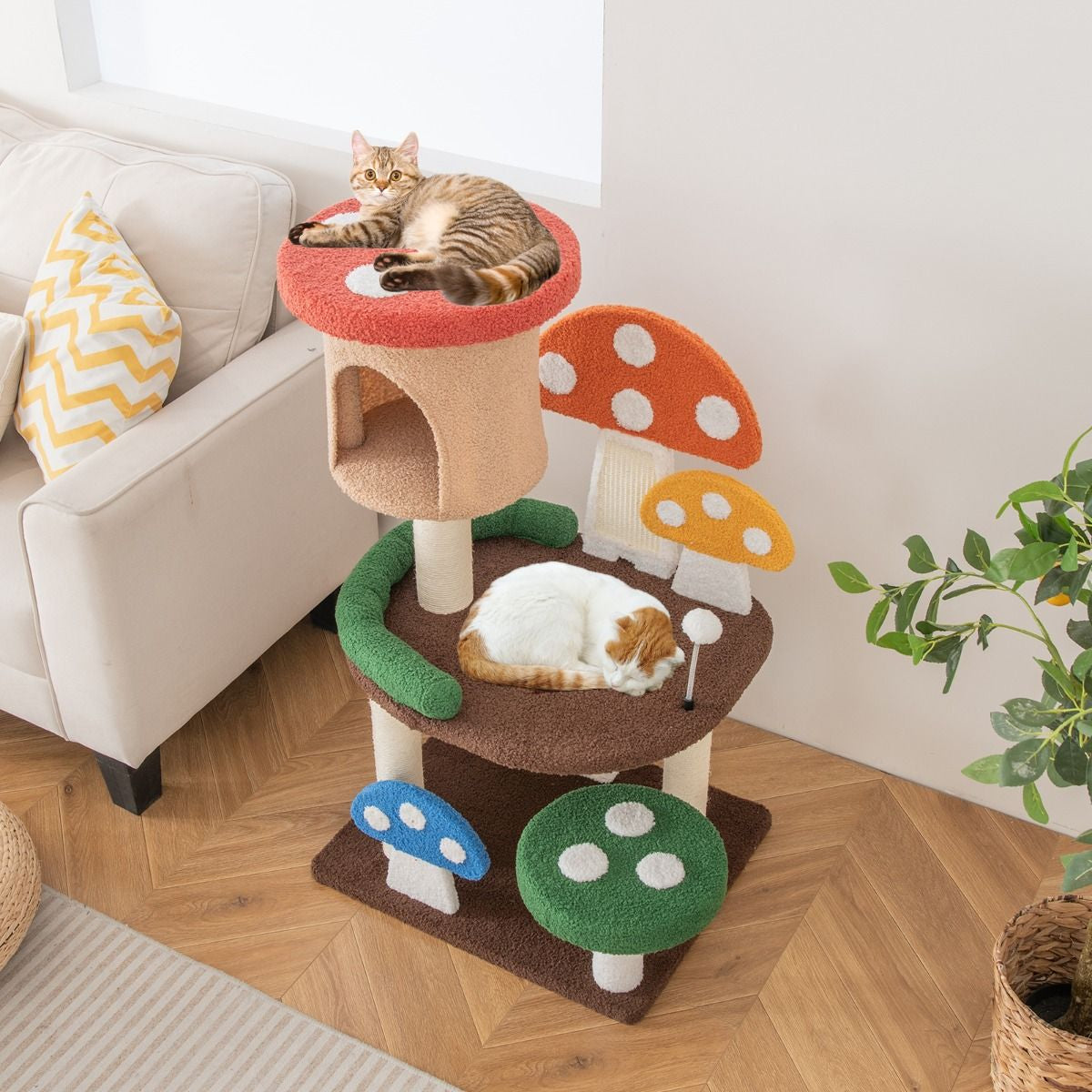 Albero per Gatti a Fungo 4-In-1 Con Condo, Piattaforma E Palla a Molla, Torre Multi-Livello per Gatti Colorato
