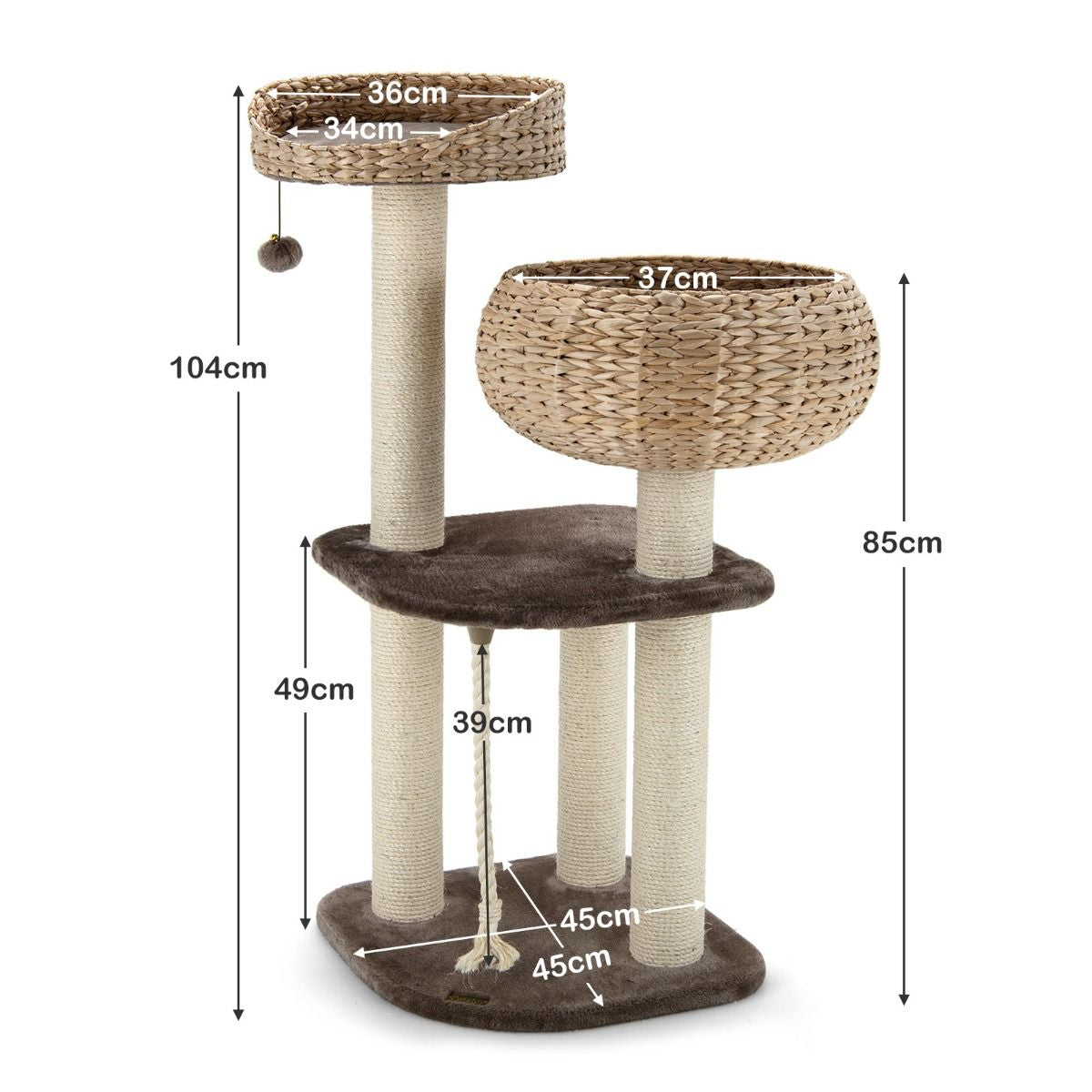 Albero per Gatti Da Interno Con Trespoli in Sisal Naturale, Lettini a Forma Di Cesto Con Pallina Appesa 2 Colori