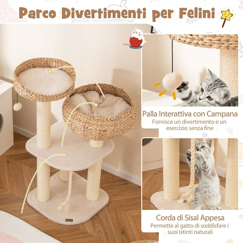 Albero per Gatti Da Interno Con Trespoli in Sisal Naturale, Lettini a Forma Di Cesto Con Pallina Appesa 2 Colori