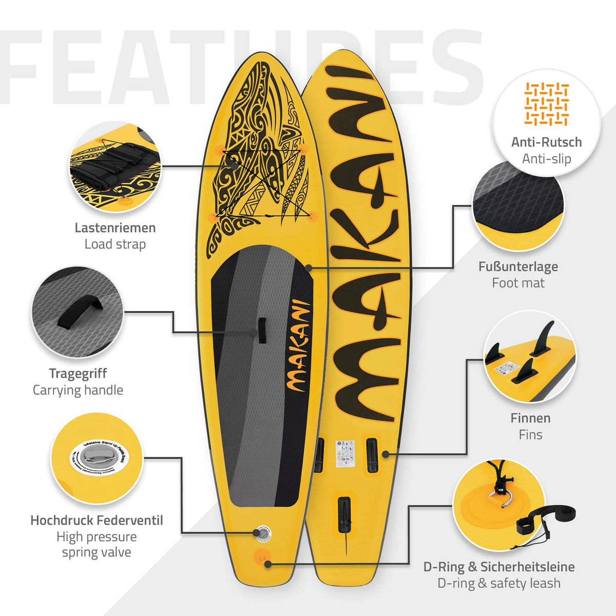 Surfboard Stand up Paddle Board SUP Gonfiabile Con Pagaia E Pompa Giallo 320X80