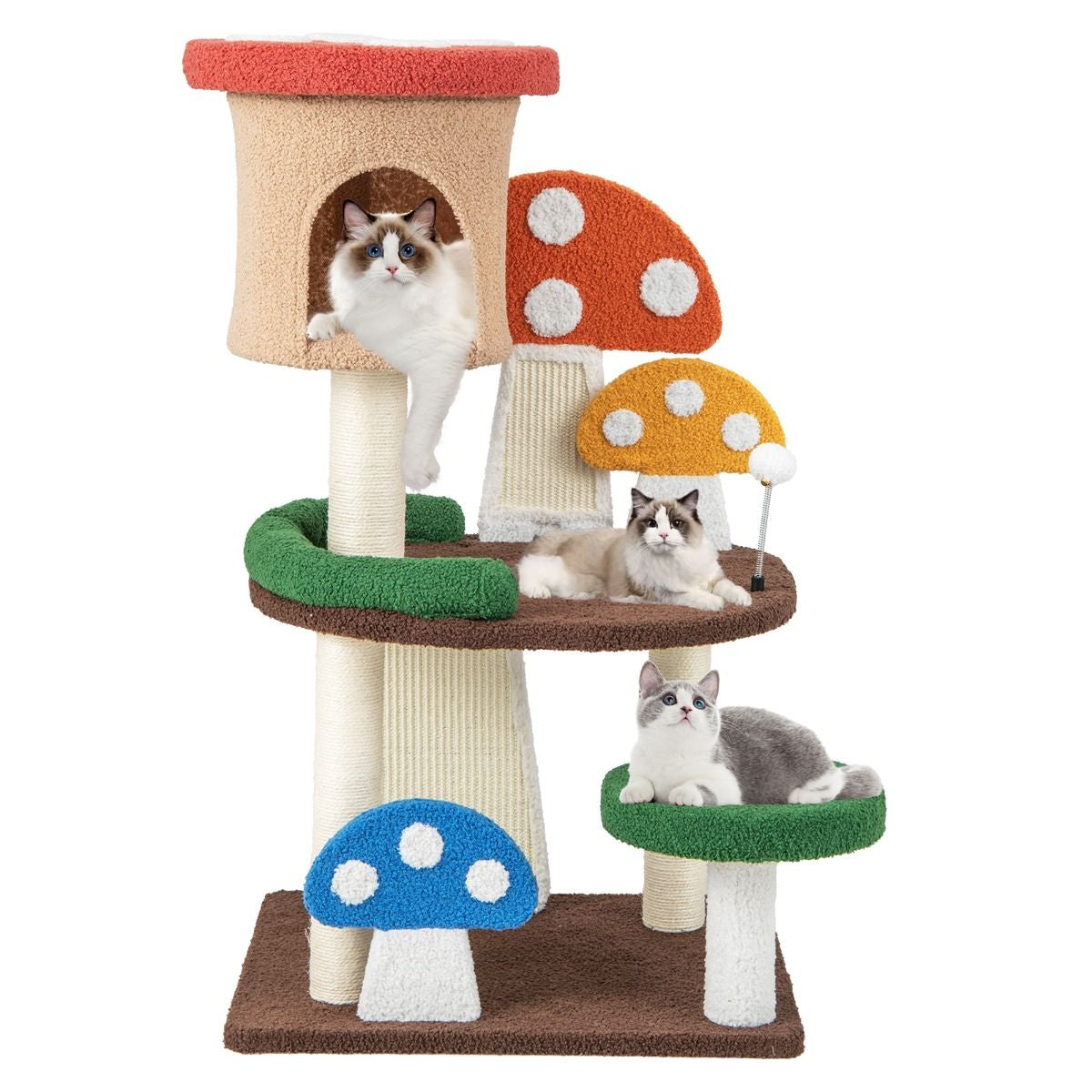 Albero per Gatti a Fungo 4-In-1 Con Condo, Piattaforma E Palla a Molla, Torre Multi-Livello per Gatti Colorato