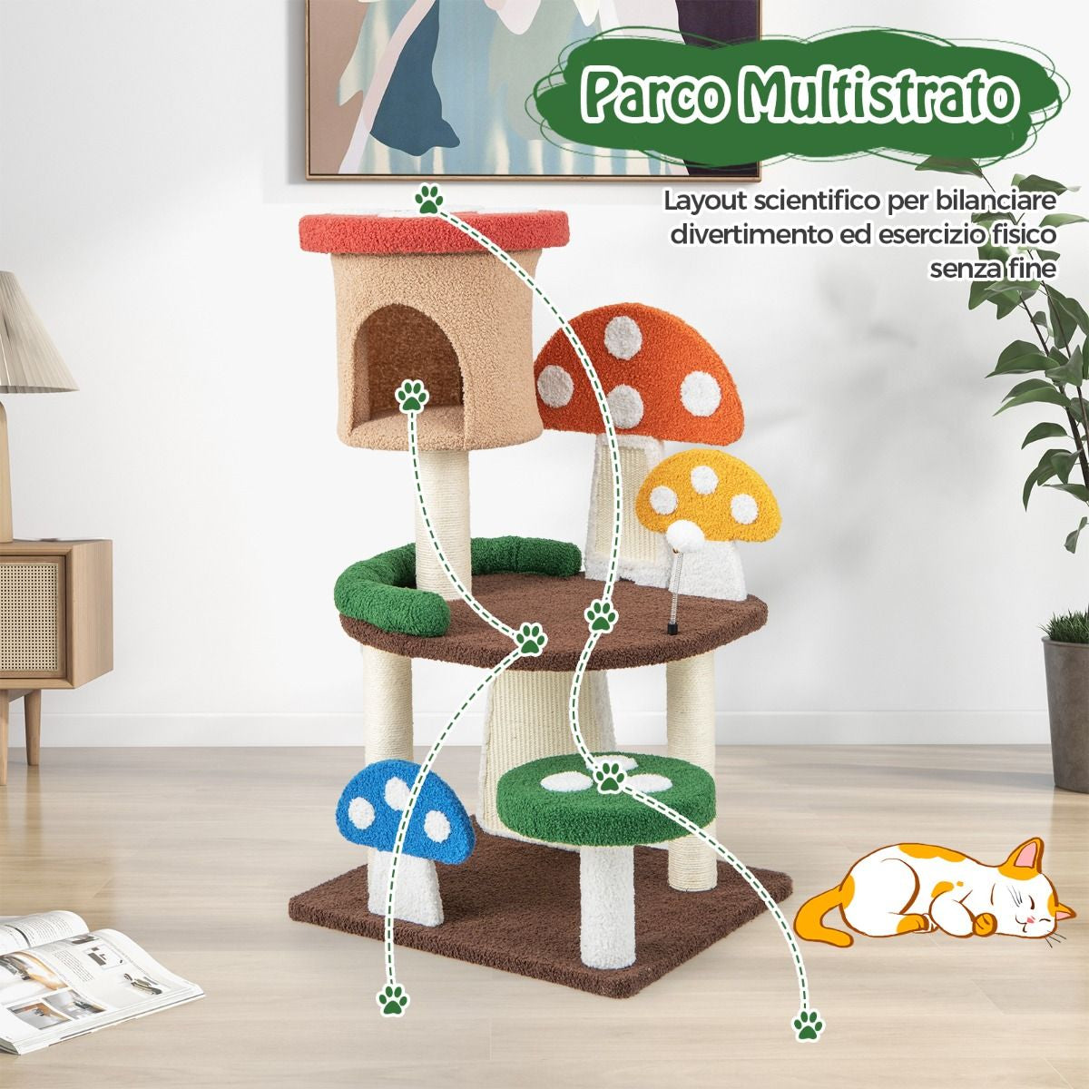 Albero per Gatti a Fungo 4-In-1 Con Condo, Piattaforma E Palla a Molla, Torre Multi-Livello per Gatti Colorato