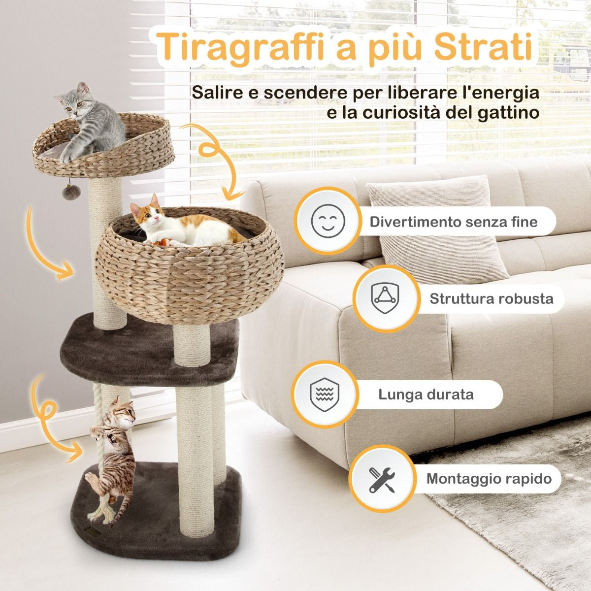 Albero per Gatti Da Interno Con Trespoli in Sisal Naturale, Lettini a Forma Di Cesto Con Pallina Appesa 2 Colori