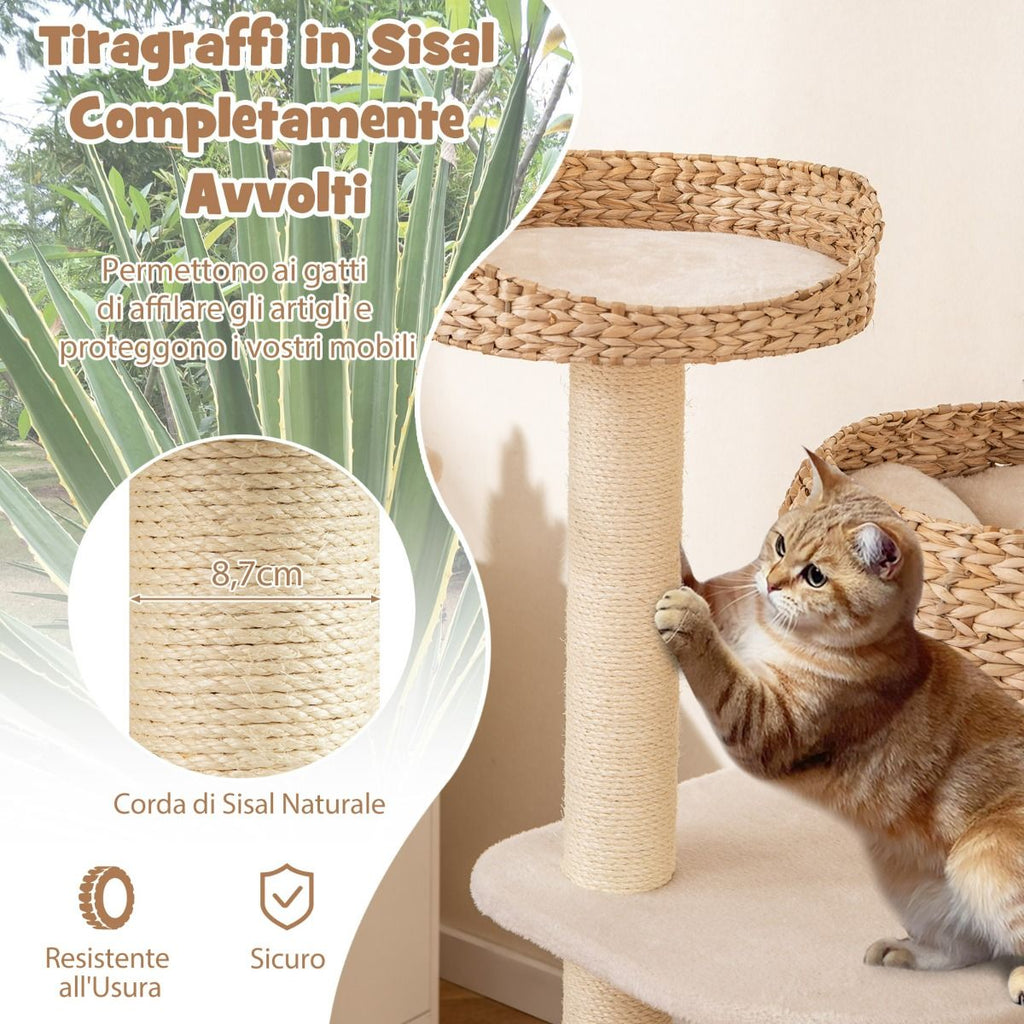 Albero per Gatti Da Interno Con Trespoli in Sisal Naturale, Lettini a Forma Di Cesto Con Pallina Appesa 2 Colori