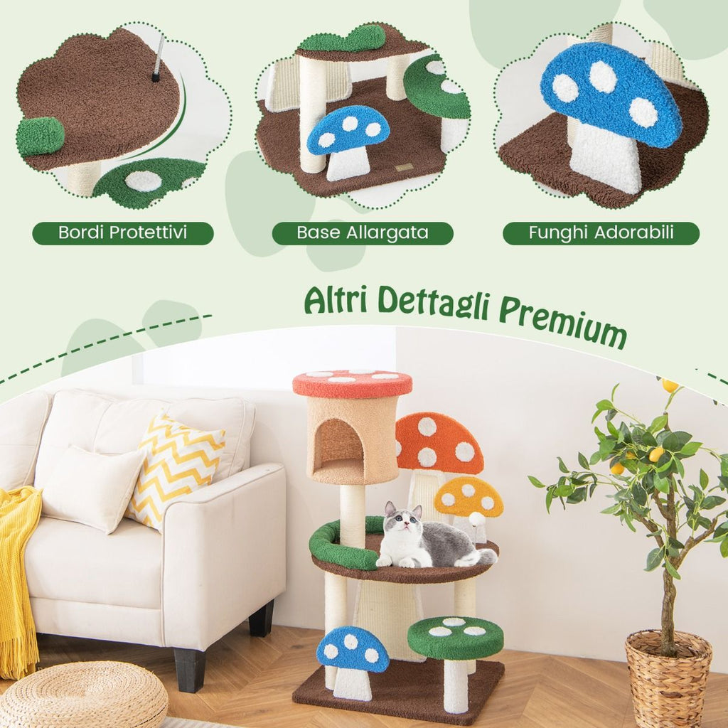 Albero per Gatti a Fungo 4-In-1 Con Condo, Piattaforma E Palla a Molla, Torre Multi-Livello per Gatti Colorato