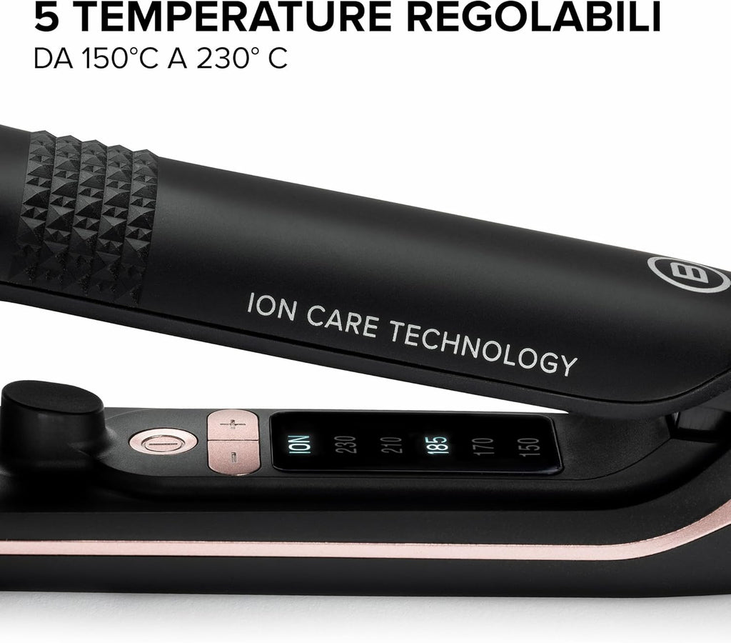 Imetec XL ION, Piastra per Capelli Lisci, Piastre Larghe, Ionizzatore, Rivestimento Ceramica E Cheratina, 5 Temperature Da 150 a 230°C, Riscaldamento Rapido, Cavo 1,8 M