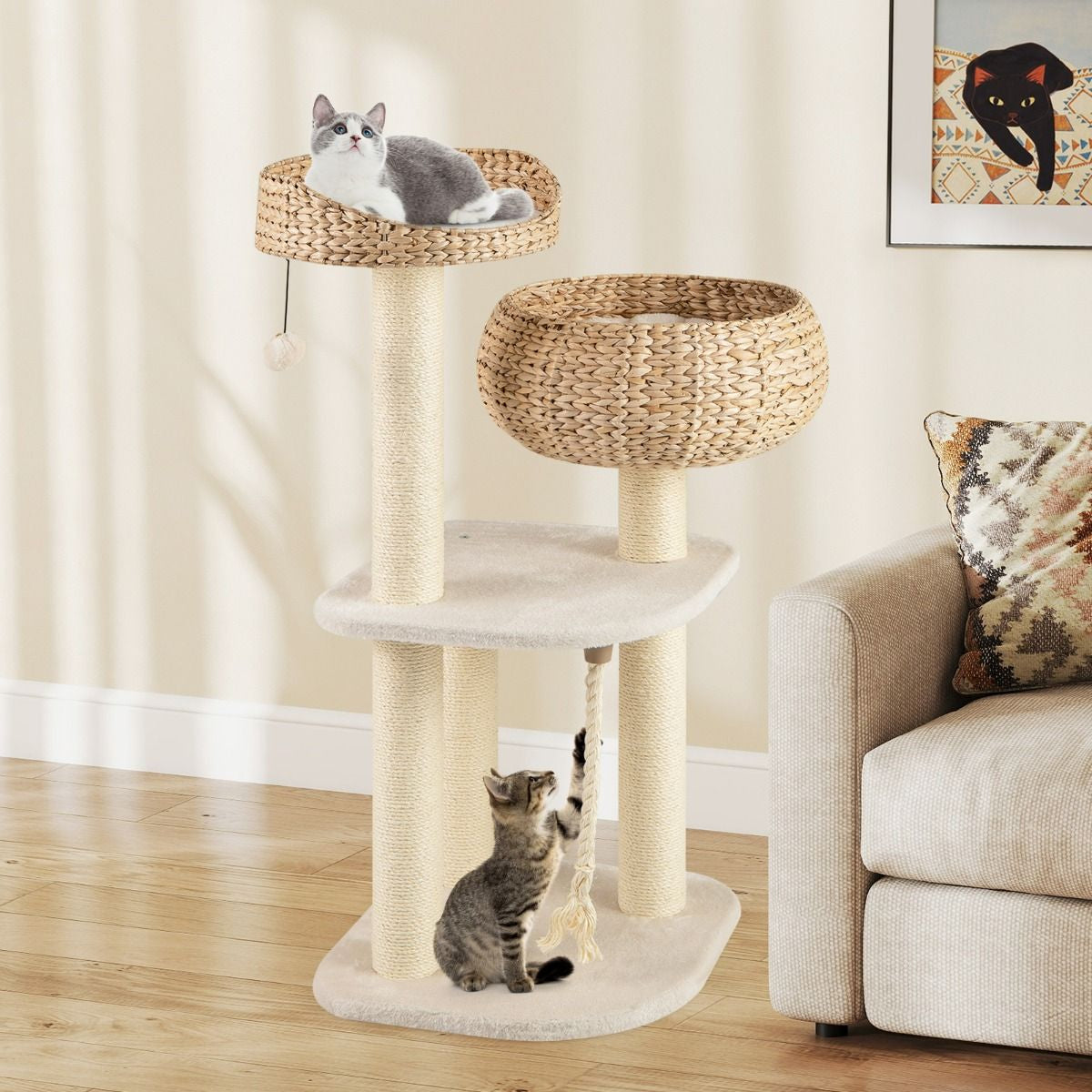 Albero per Gatti Da Interno Con Trespoli in Sisal Naturale, Lettini a Forma Di Cesto Con Pallina Appesa 2 Colori