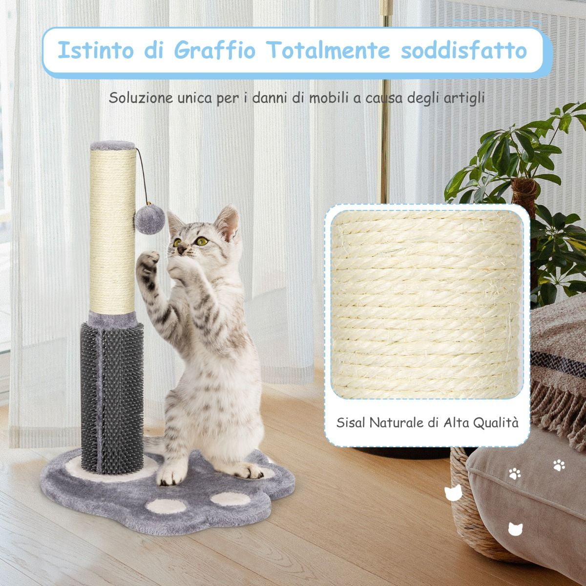 Tiragraffi per Gatti Grandi Adulti a Forma Di Zampa, Albero Tiragraffi Con Piattaforme Amaca 38X38X52Cm Grigio