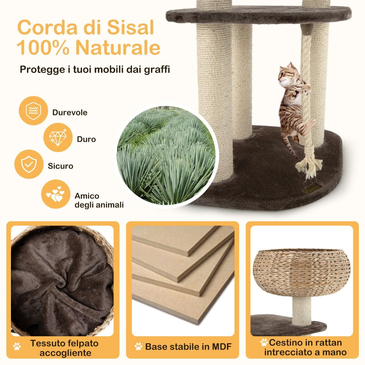 Albero per Gatti Da Interno Con Trespoli in Sisal Naturale, Lettini a Forma Di Cesto Con Pallina Appesa 2 Colori