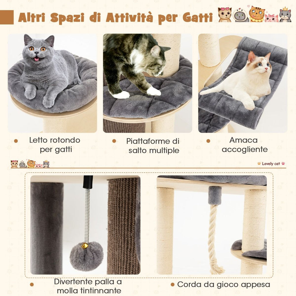 Albero per Gatti Multi-Livello Con Nicchia a 3 Piani 2 Cucce Tiragraffi, Torre per Gatti in Legno Da Interno 2 Colori