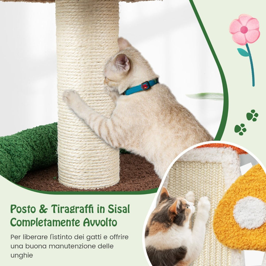 Albero per Gatti a Fungo 4-In-1 Con Condo, Piattaforma E Palla a Molla, Torre Multi-Livello per Gatti Colorato