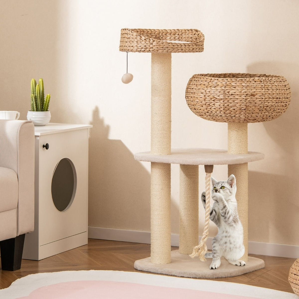 Albero per Gatti Da Interno Con Trespoli in Sisal Naturale, Lettini a Forma Di Cesto Con Pallina Appesa 2 Colori