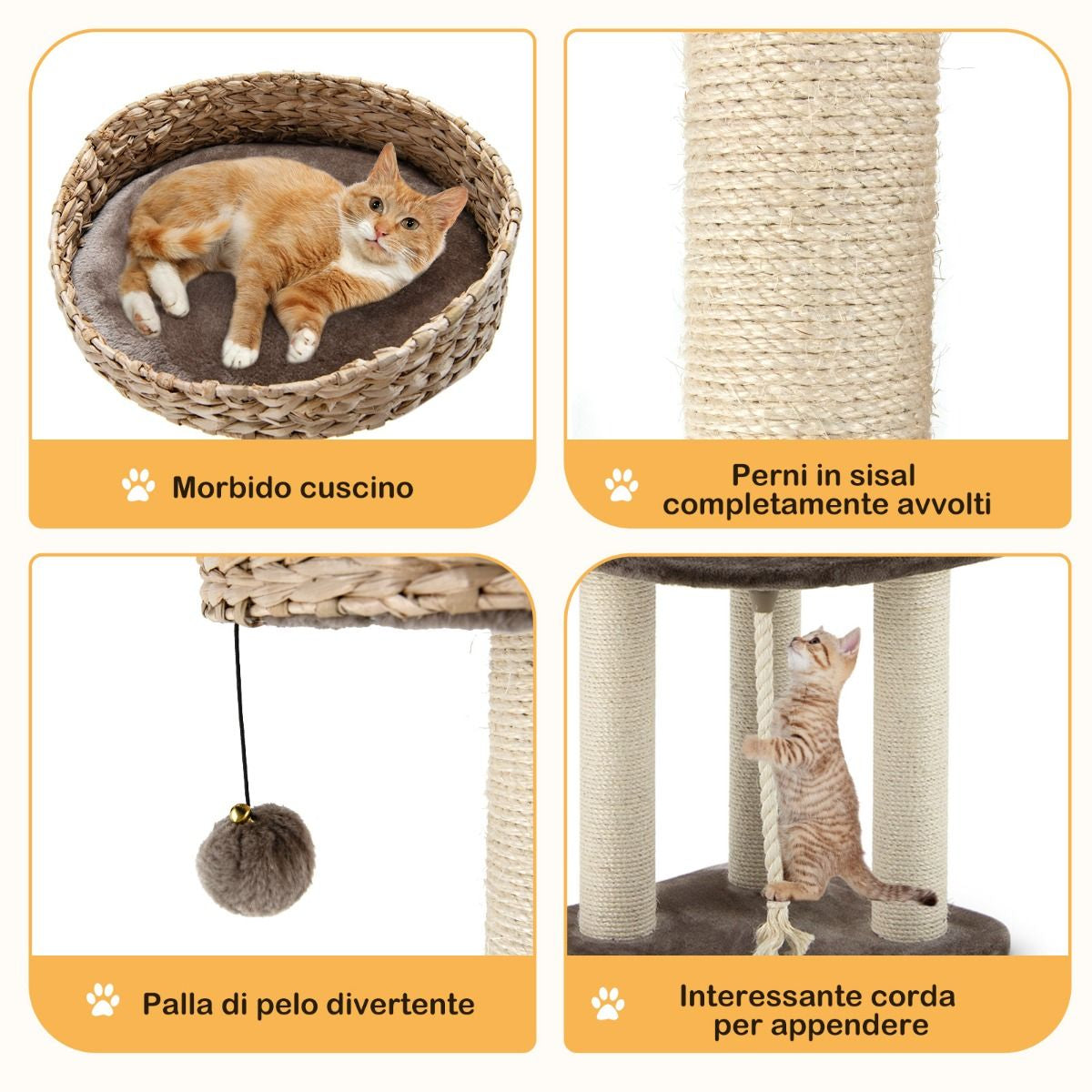 Albero per Gatti Da Interno Con Trespoli in Sisal Naturale, Lettini a Forma Di Cesto Con Pallina Appesa 2 Colori
