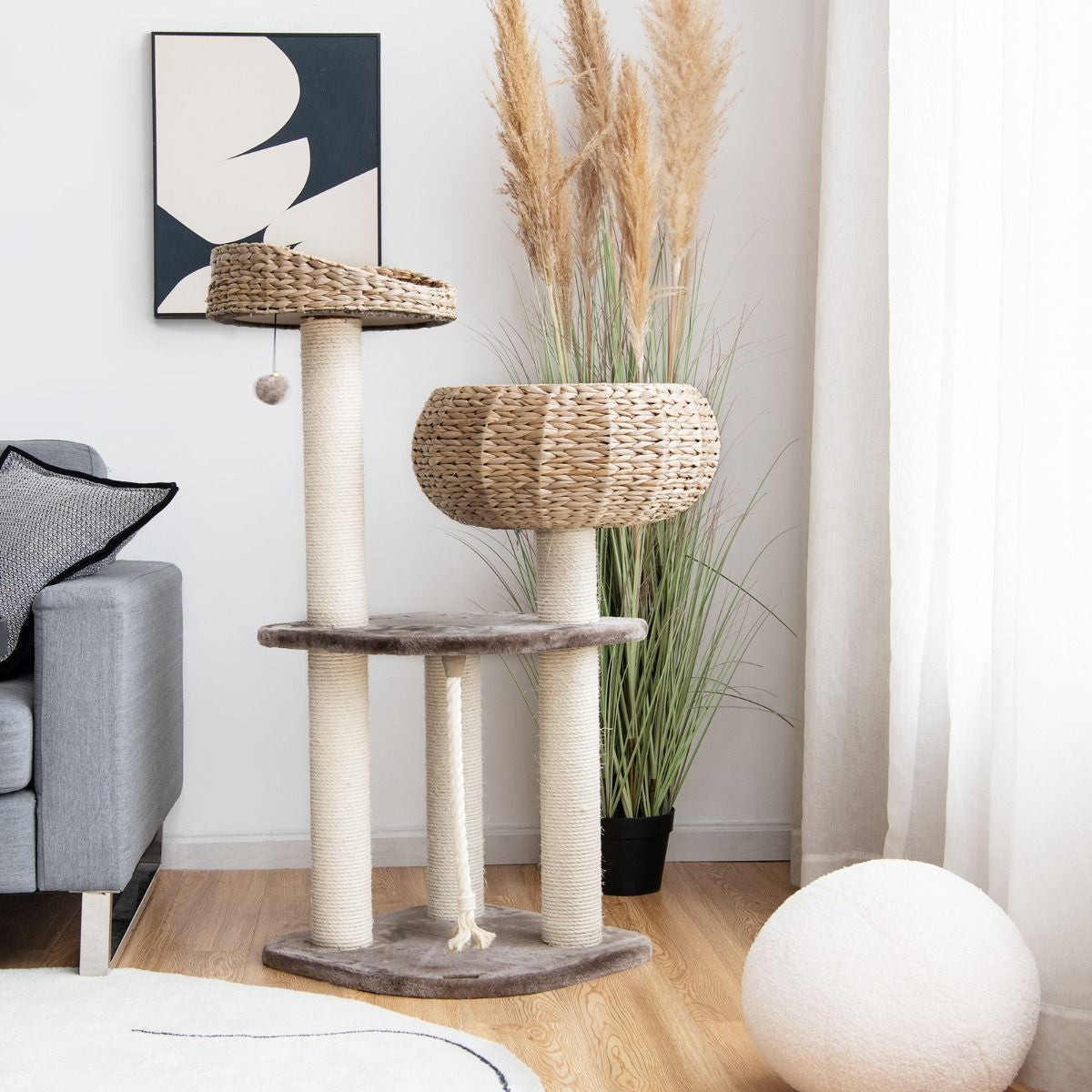 Albero per Gatti Da Interno Con Trespoli in Sisal Naturale, Lettini a Forma Di Cesto Con Pallina Appesa 2 Colori