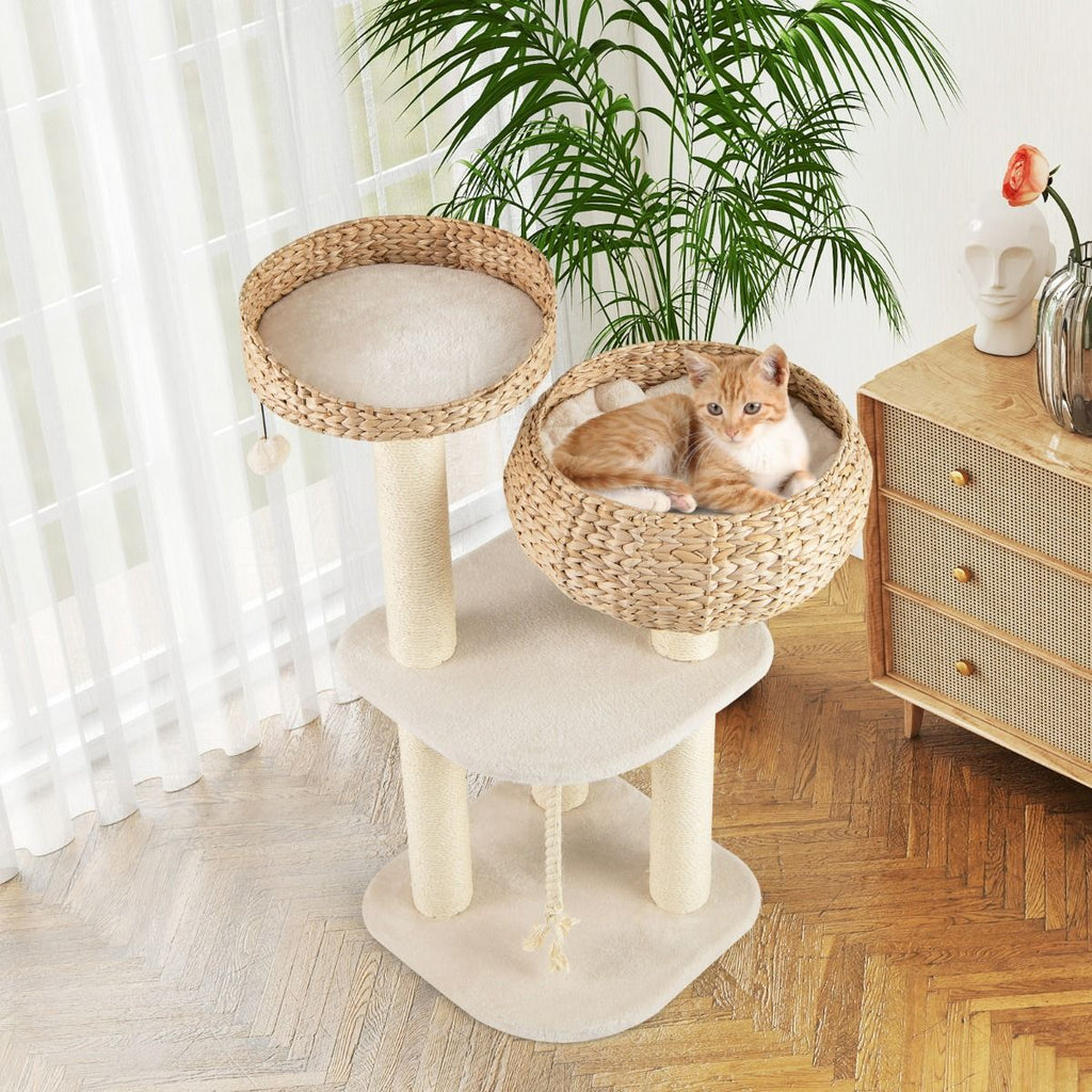 Albero per Gatti Da Interno Con Trespoli in Sisal Naturale, Lettini a Forma Di Cesto Con Pallina Appesa 2 Colori