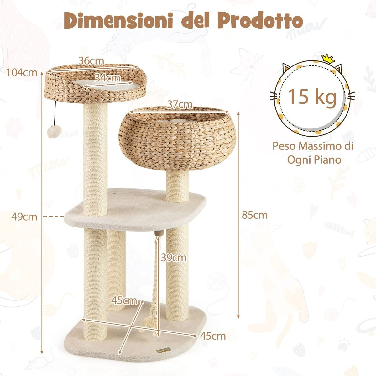 Albero per Gatti Da Interno Con Trespoli in Sisal Naturale, Lettini a Forma Di Cesto Con Pallina Appesa 2 Colori