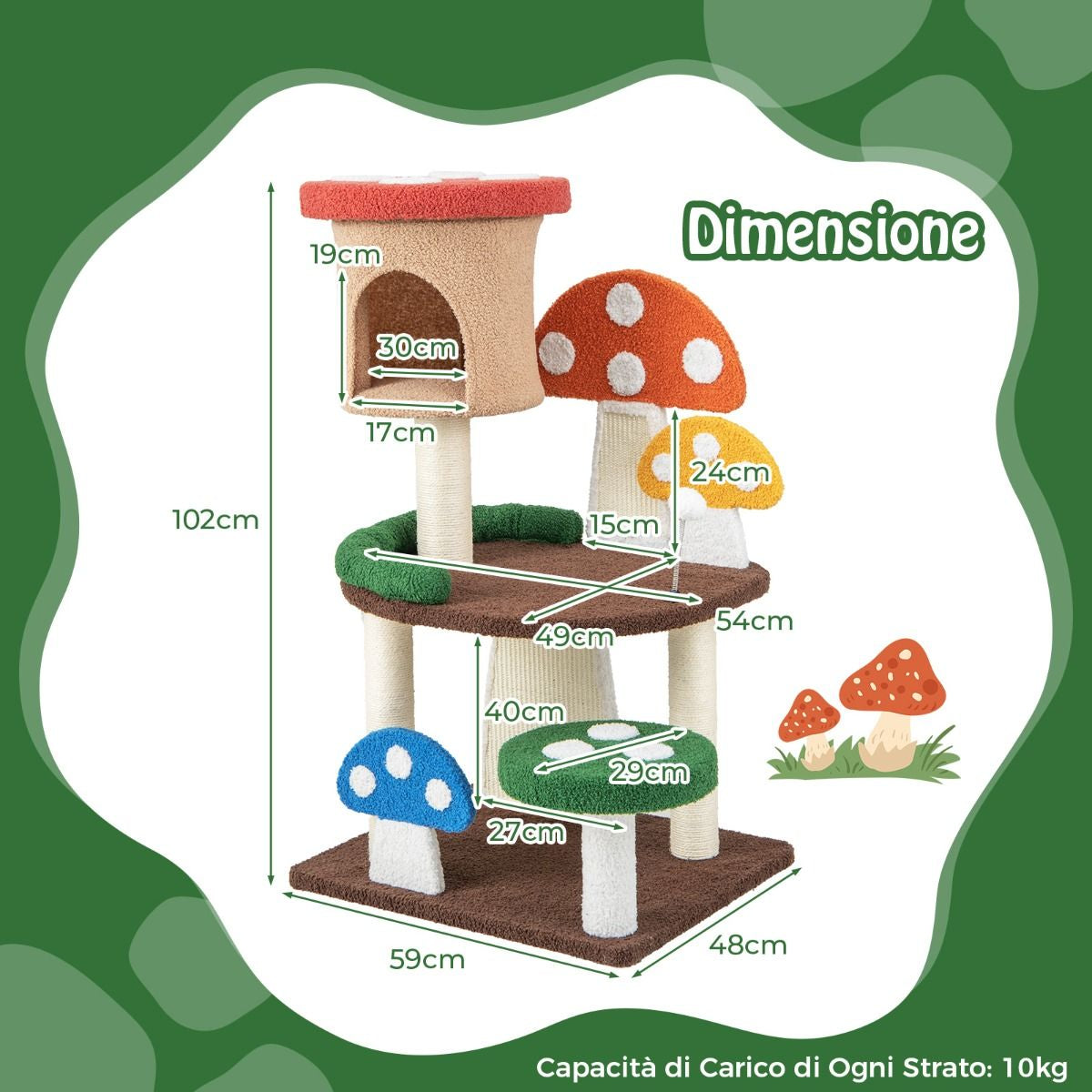 Albero per Gatti a Fungo 4-In-1 Con Condo, Piattaforma E Palla a Molla, Torre Multi-Livello per Gatti Colorato