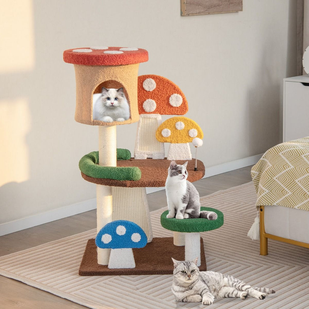 Albero per Gatti a Fungo 4-In-1 Con Condo, Piattaforma E Palla a Molla, Torre Multi-Livello per Gatti Colorato