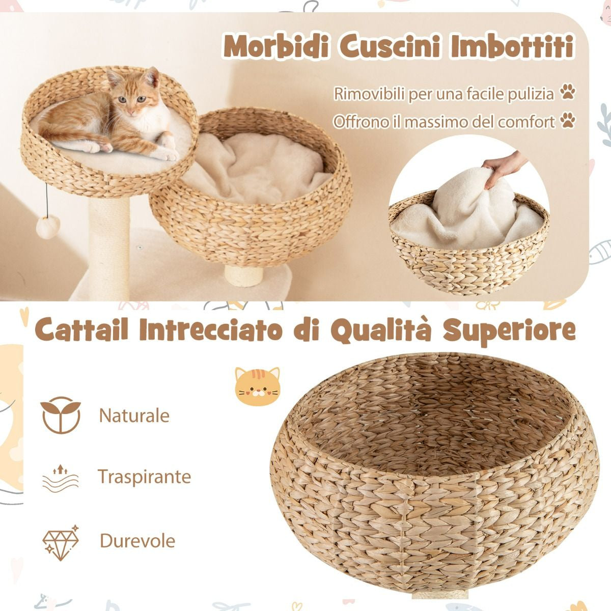 Albero per Gatti Da Interno Con Trespoli in Sisal Naturale, Lettini a Forma Di Cesto Con Pallina Appesa 2 Colori