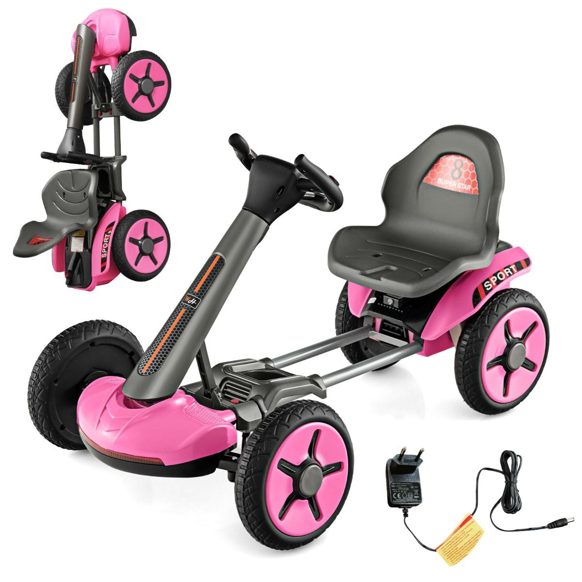 Go Kart Elettrico 12V per Bambini, Go Kart Pieghevole Con Volante E Sedile Regolabili Pulsante Di Avvio