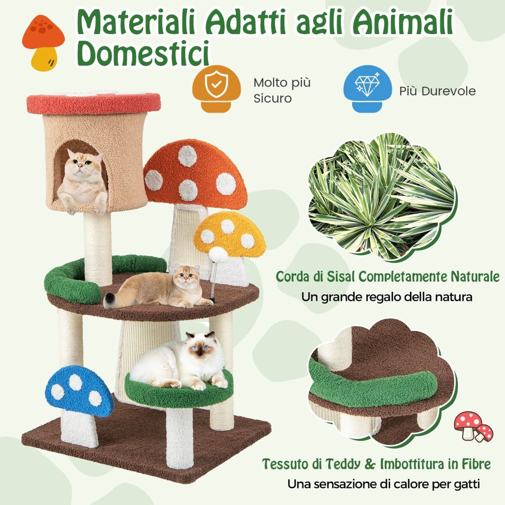 Albero per Gatti a Fungo 4-In-1 Con Condo, Piattaforma E Palla a Molla, Torre Multi-Livello per Gatti Colorato