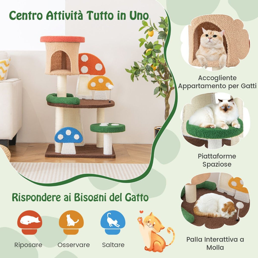 Albero per Gatti a Fungo 4-In-1 Con Condo, Piattaforma E Palla a Molla, Torre Multi-Livello per Gatti Colorato