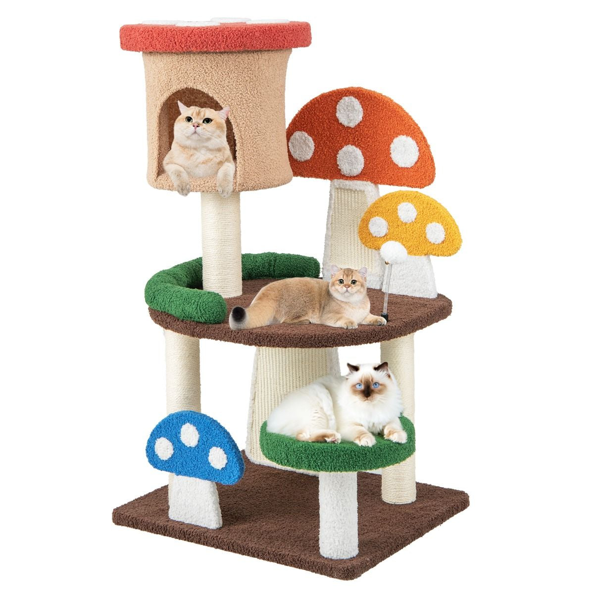 Albero per Gatti a Fungo 4-In-1 Con Condo, Piattaforma E Palla a Molla, Torre Multi-Livello per Gatti Colorato