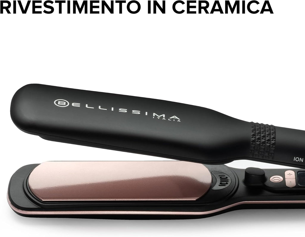 Imetec XL ION, Piastra per Capelli Lisci, Piastre Larghe, Ionizzatore, Rivestimento Ceramica E Cheratina, 5 Temperature Da 150 a 230°C, Riscaldamento Rapido, Cavo 1,8 M