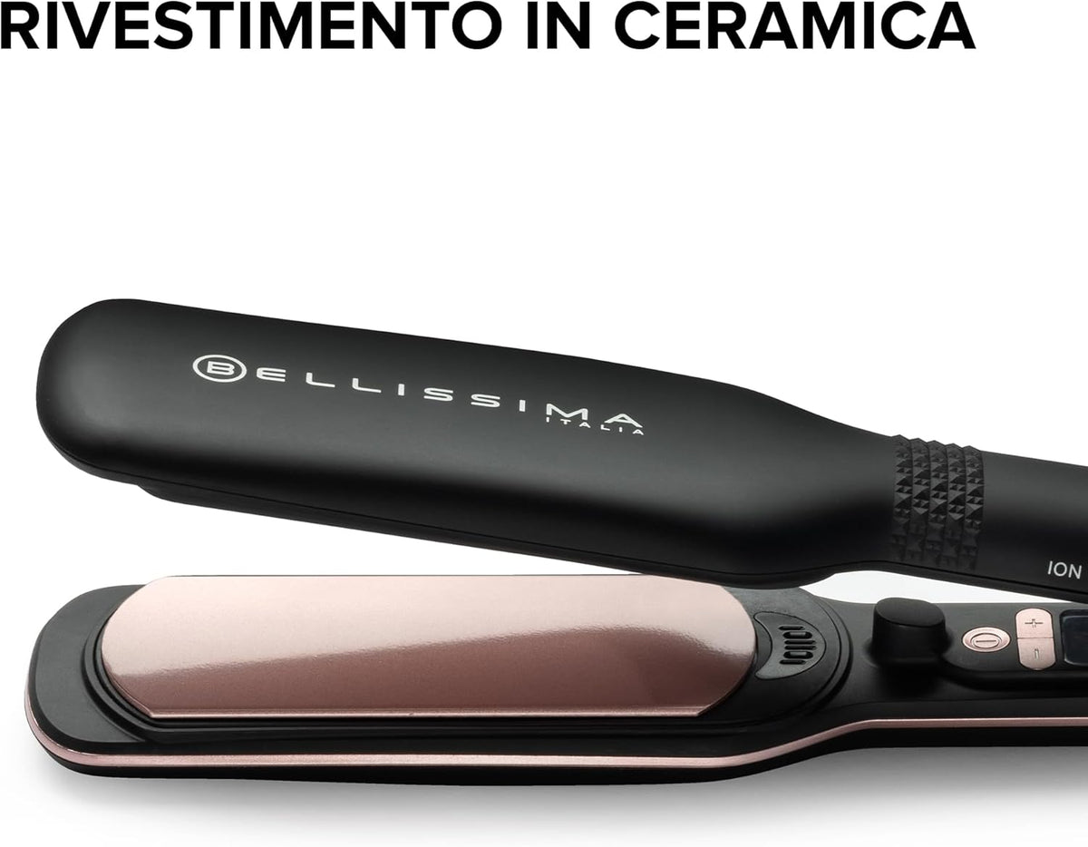 Imetec XL ION, Piastra per Capelli Lisci, Piastre Larghe, Ionizzatore, Rivestimento Ceramica E Cheratina, 5 Temperature Da 150 a 230°C, Riscaldamento Rapido, Cavo 1,8 M