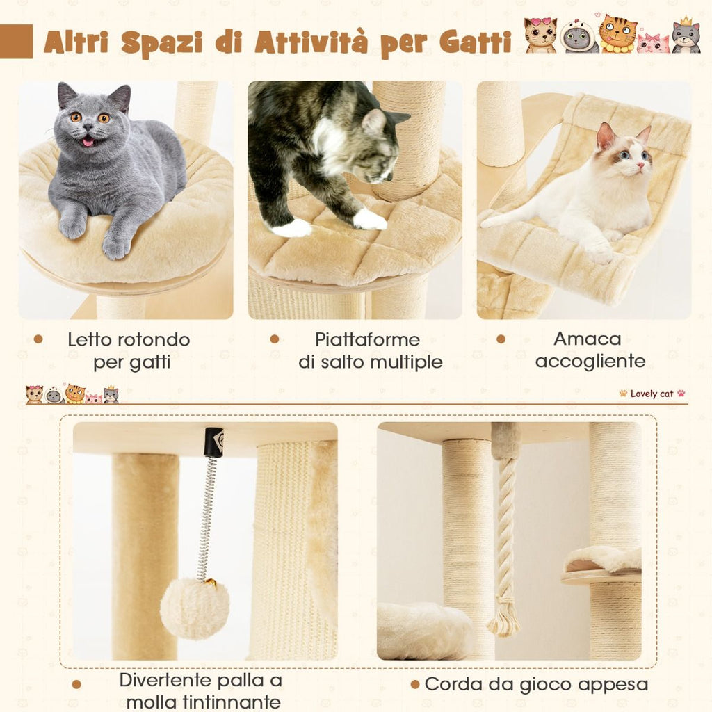 Albero per Gatti Multi-Livello Con Nicchia a 3 Piani 2 Cucce Tiragraffi, Torre per Gatti in Legno Da Interno 2 Colori